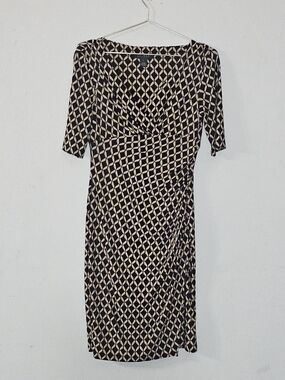 Lauren Ralph Lauren Geometric Link Print Faux Wrap Ruched Dress Black Cream Sz 6